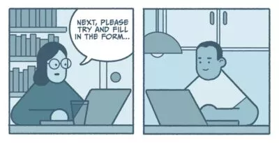 'A researcher behind a computer says “Next, please try and fill in the form…”. The test participant in a different location is watching the researcher on his computer